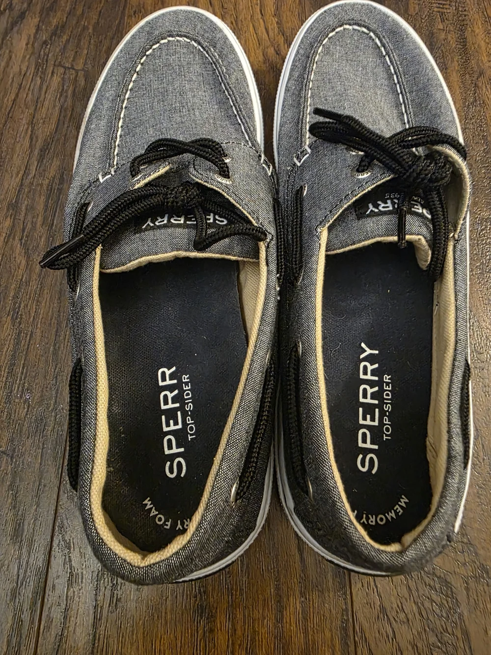 Sperry Gray Canvas Boat Shoes with Black Laces